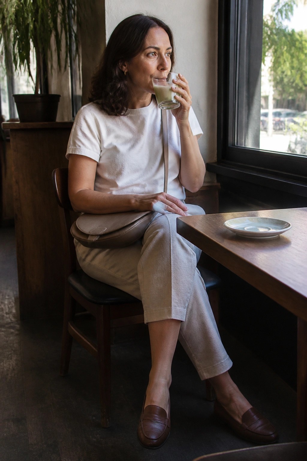 Woman seated wearing a white short sleeve t-shirt tucked into cropped wide leg beige pants with brown leather loafers and a matching brown crossbody bag.