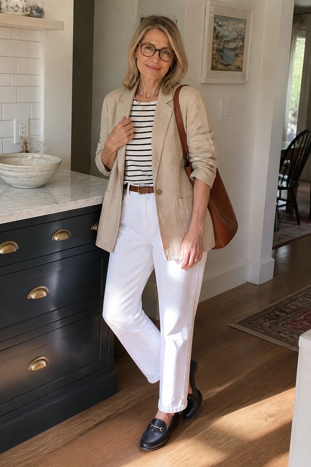 Woman in beige blazer, striped shirt, white pants, and loafers in kitchen