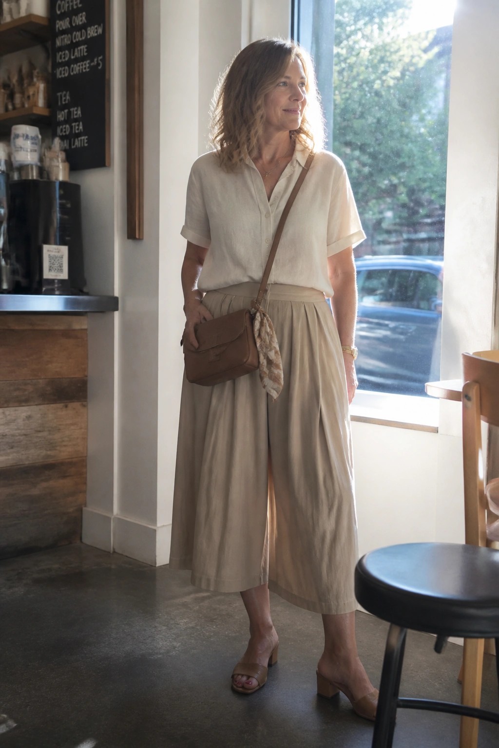 Woman in beige shirt and skirt with brown crossbody bag in cafe
