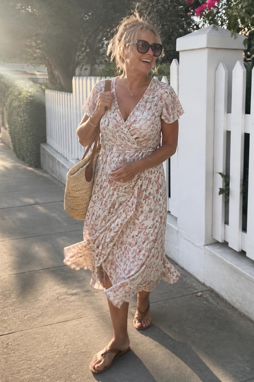 Smiling woman in floral wrap dress carrying straw tote by white fence
