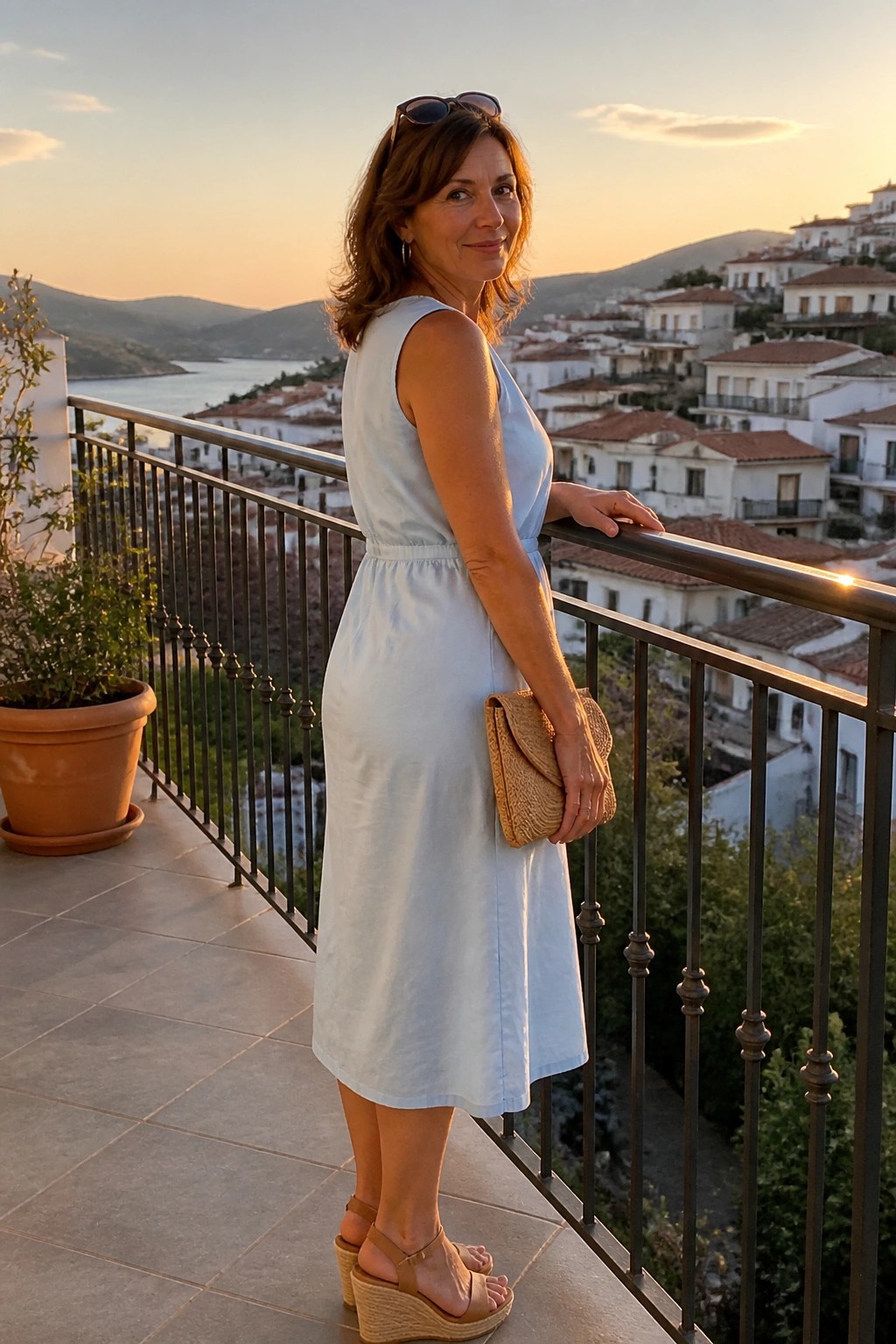 Woman over 50 wearing a light blue sleeveless midi dress with a gathered waist, tan wedge sandals, and a woven clutch, standing on a balcony.