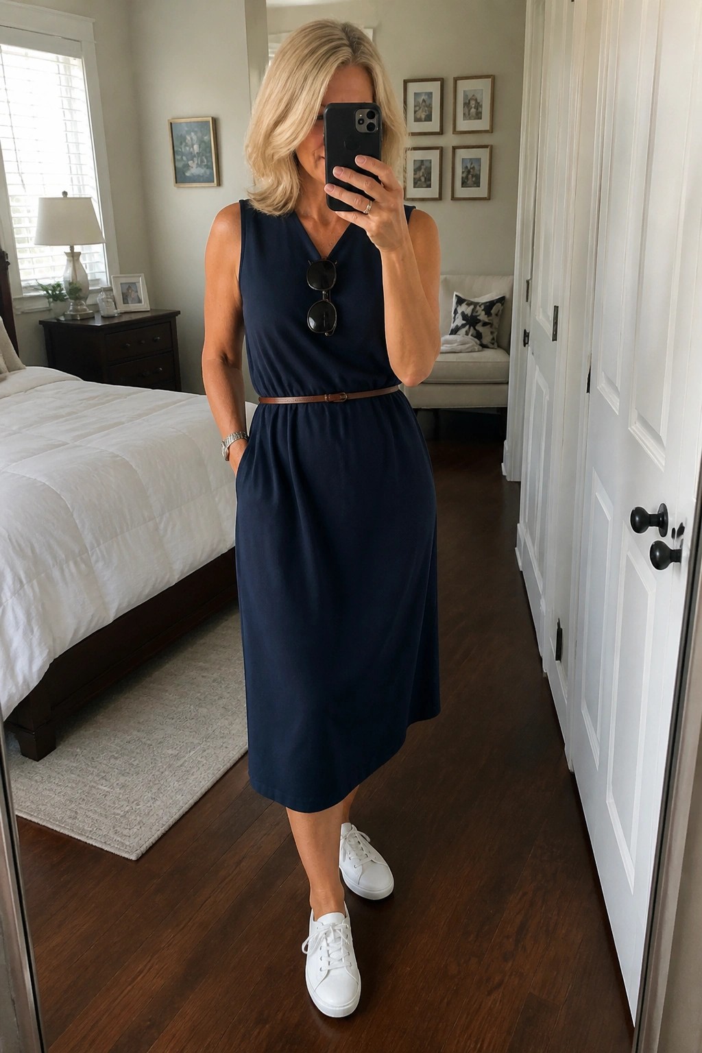 Woman over 50 wearing a navy sleeveless midi dress with brown belt and white sneakers taking a mirror selfie in a bedroom.