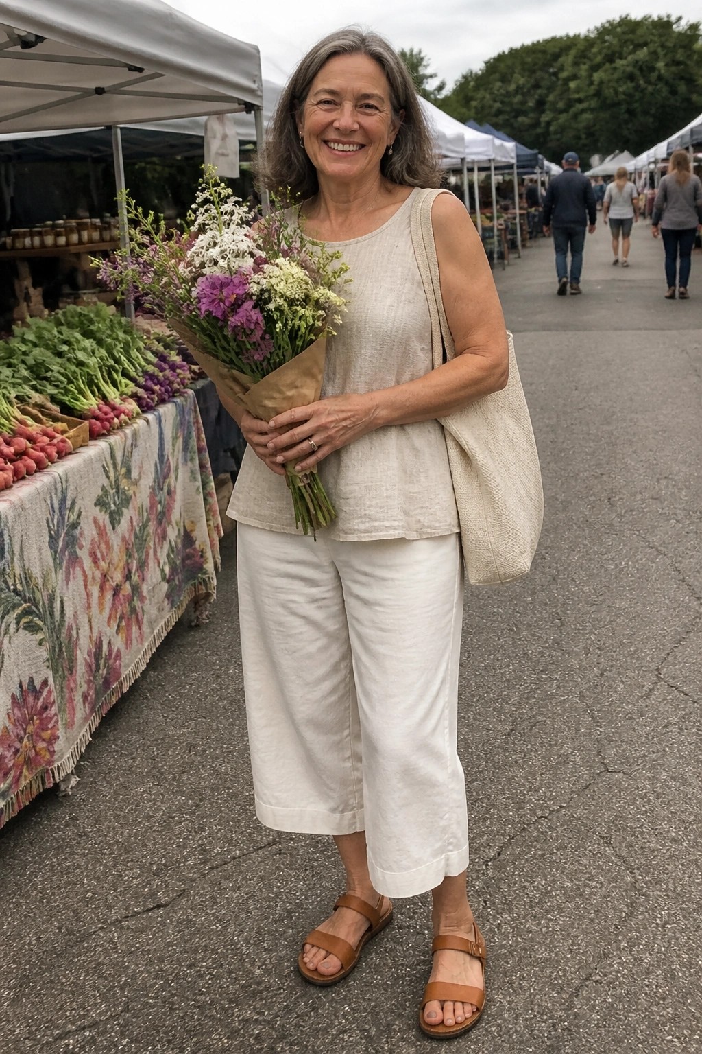A woman over 50 in a beige sleeveless linen top paired with white wide cropped pants and brown sandals holding a flower bouquet at a market stall.