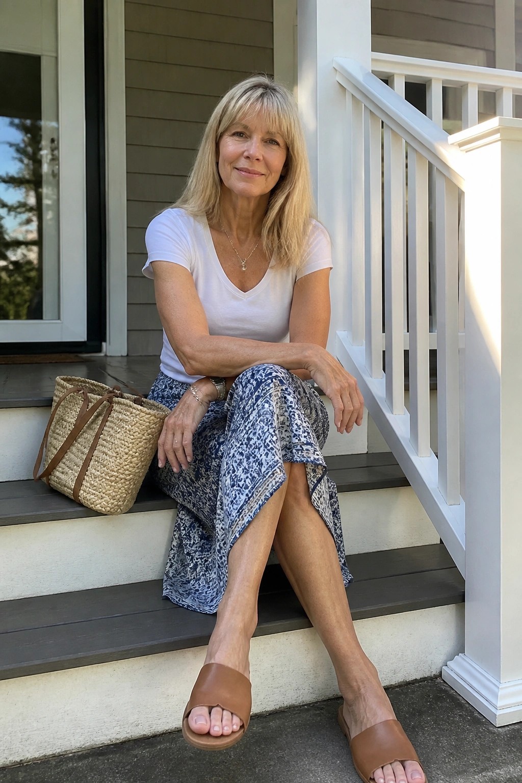 Woman over 50 wearing a white short sleeve v neck t shirt tucked into a blue and white patterned midi skirt with an asymmetric hem paired with brown slide sandals and carrying a woven straw tote bag with brown leather straps while seated on wooden steps.