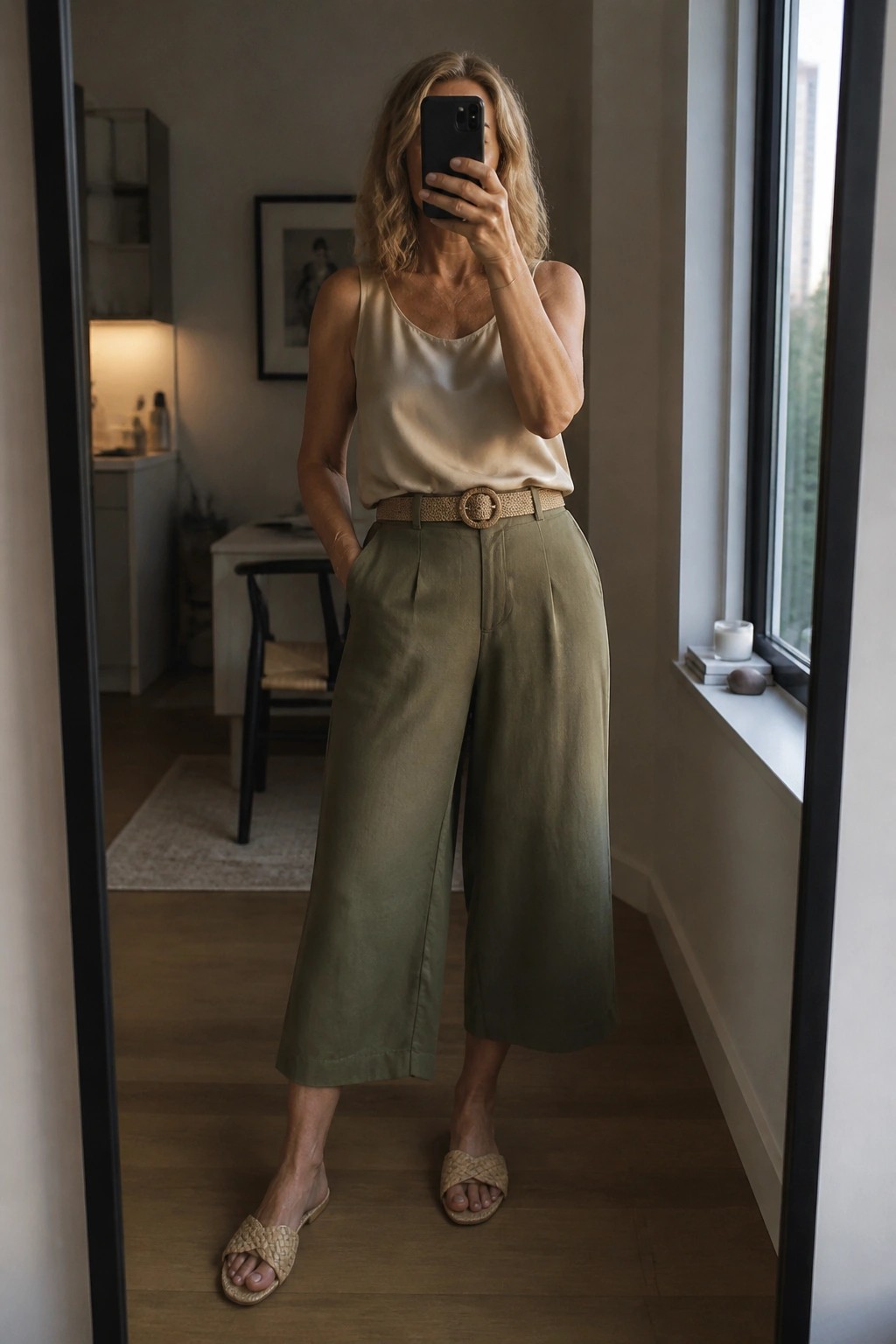 Woman in beige satin top and olive wide-leg pants taking mirror selfie