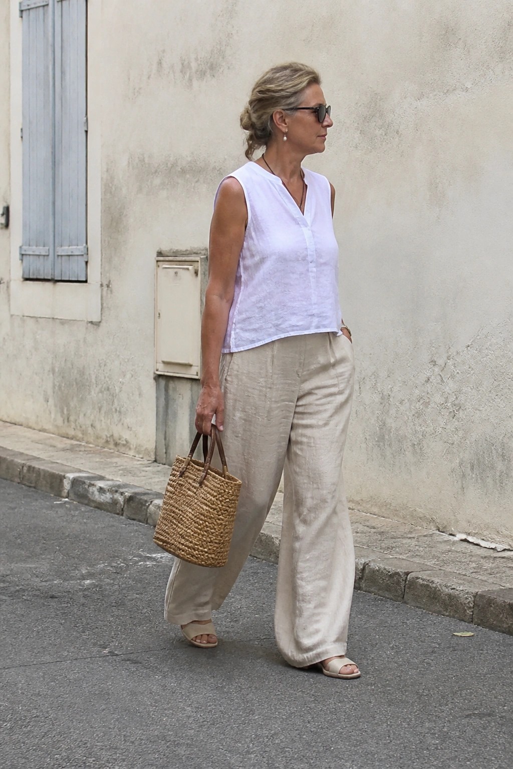 A woman over 50 in a white sleeveless linen top tucked into wide-leg beige linen pants, holding a woven straw tote and wearing neutral flat sandals.