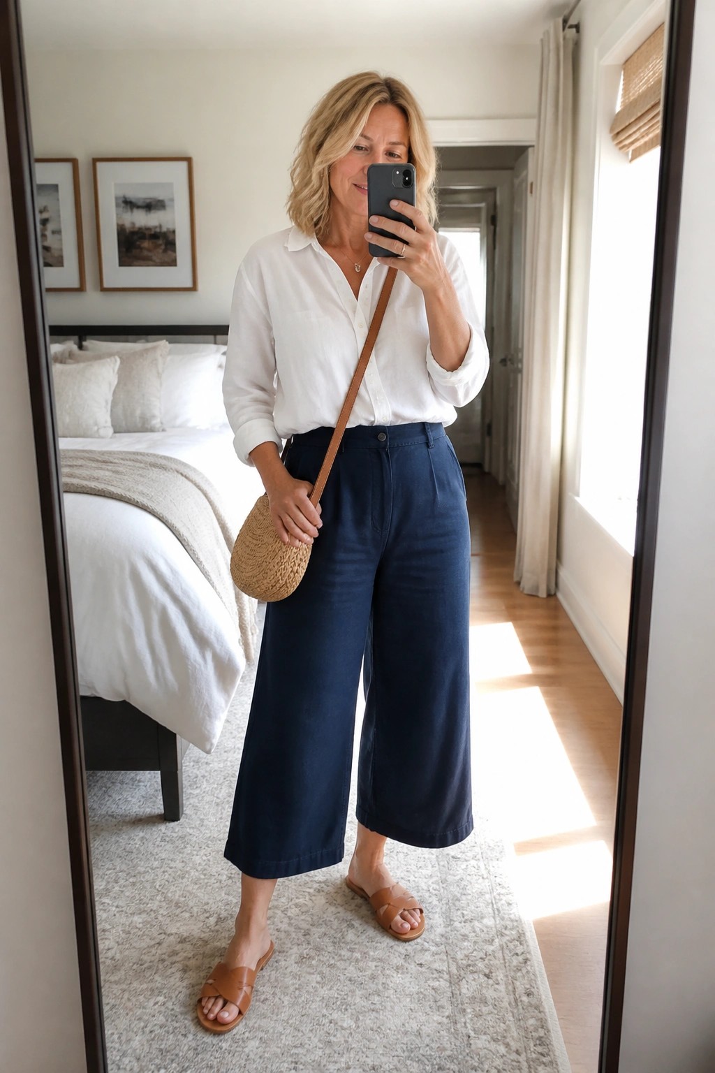 Woman in white shirt and navy wide-leg pants with woven bag taking mirror selfie