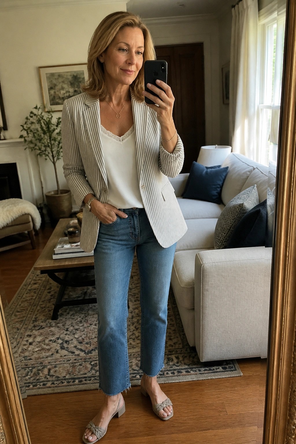 Woman in striped blazer and jeans taking mirror selfie in living room