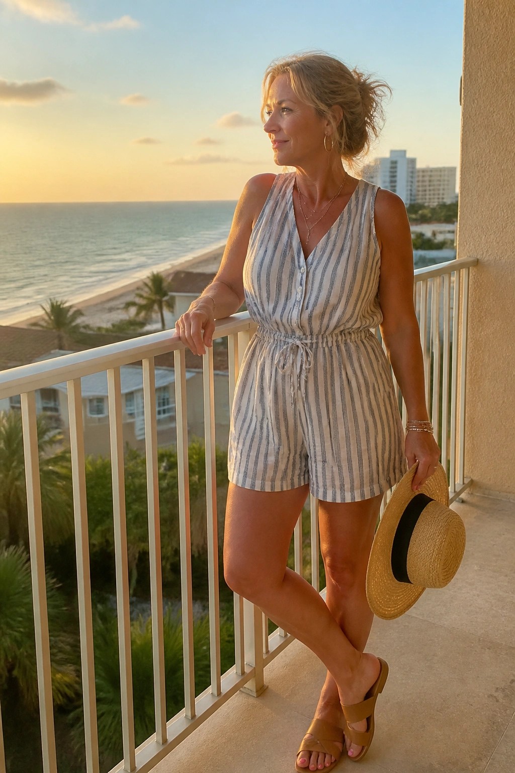 Woman over 50 wearing a sleeveless striped linen romper with V-neck button front and drawstring waist paired with brown slide sandals and layered gold necklaces while holding a straw hat.