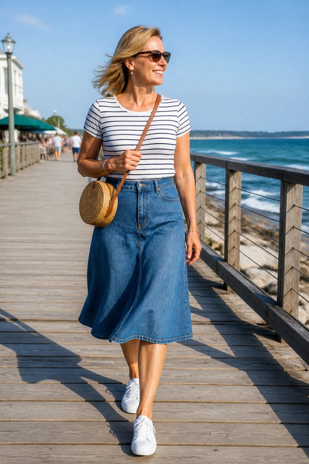 Woman over 50 wearing a white and navy striped short sleeve top tucked into a blue midi denim skirt with white sneakers and a round woven crossbody bag.