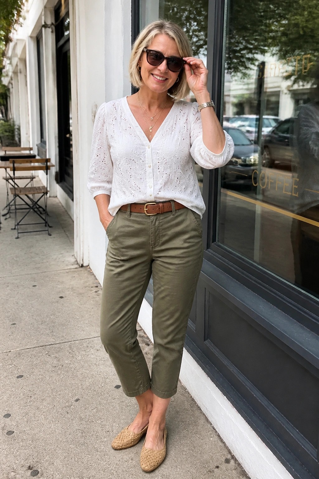 Woman over 50 wearing a white eyelet lace V neck button up blouse tucked into olive green cropped pants with a brown leather belt and beige woven flats standing on a sidewalk.