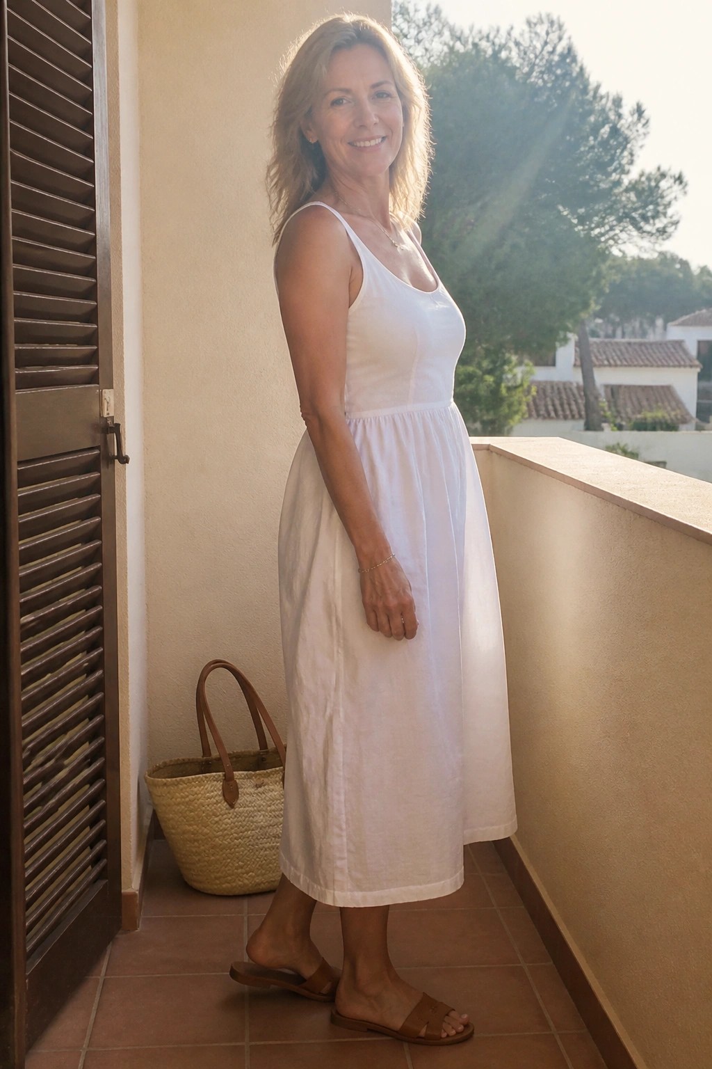 Woman wearing a white sleeveless midi dress with brown slide sandals and minimal gold jewelry while holding a straw tote bag.