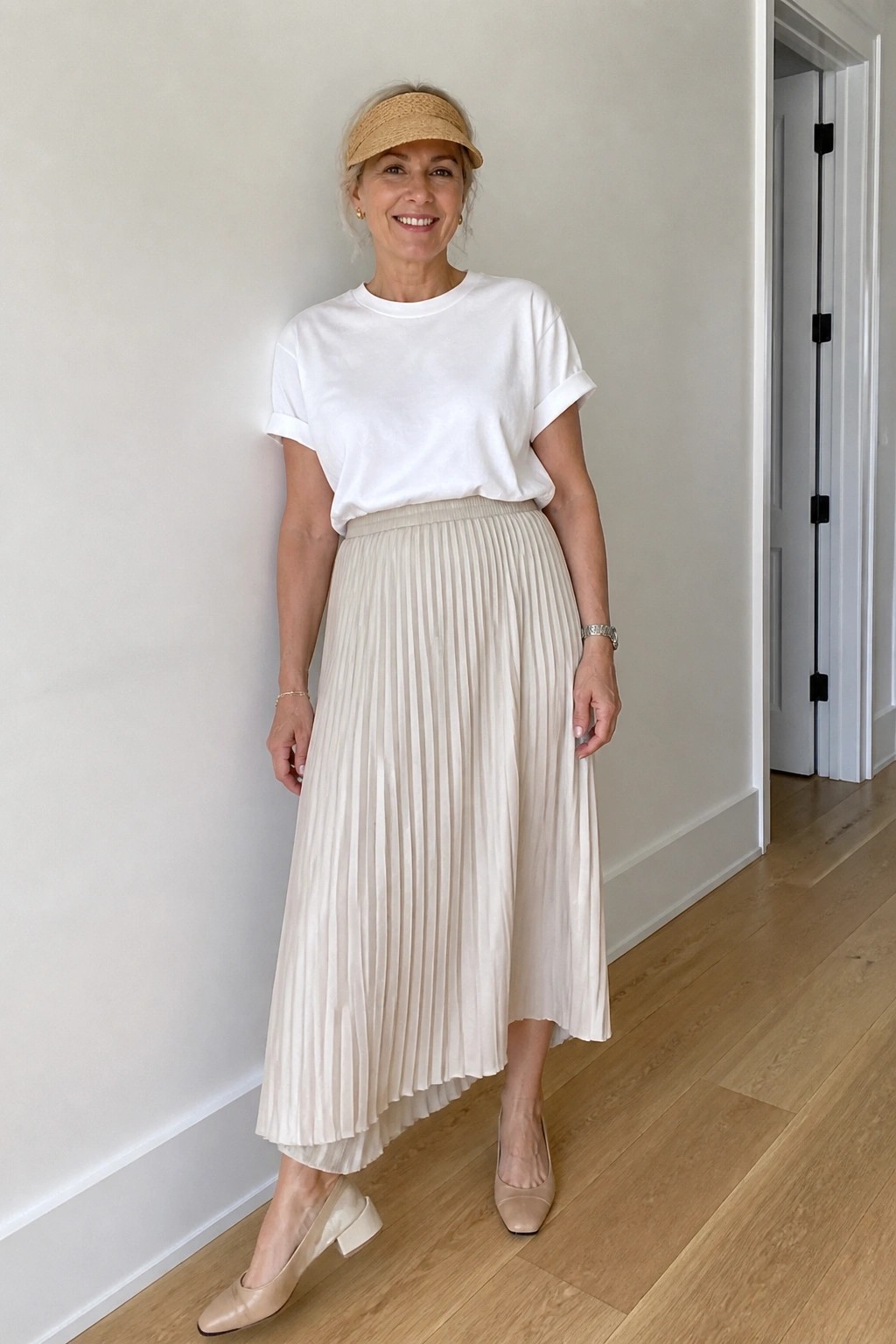 Smiling woman in white t-shirt, beige pleated skirt, and straw visor indoors