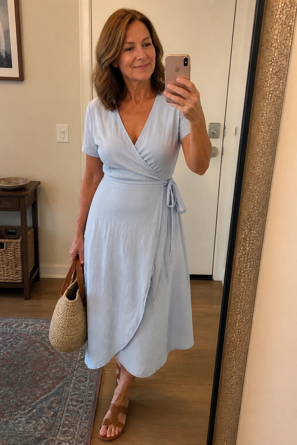 Woman in light blue wrap dress taking mirror selfie with straw bag