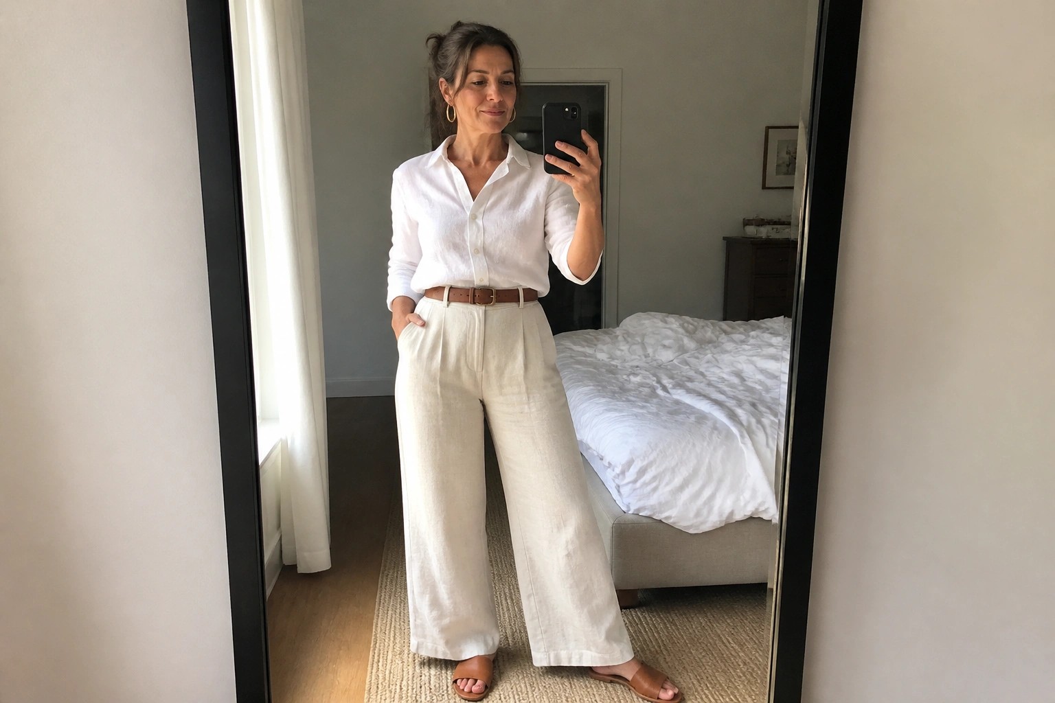Woman in white shirt and beige wide-leg pants taking mirror selfie in bedroom