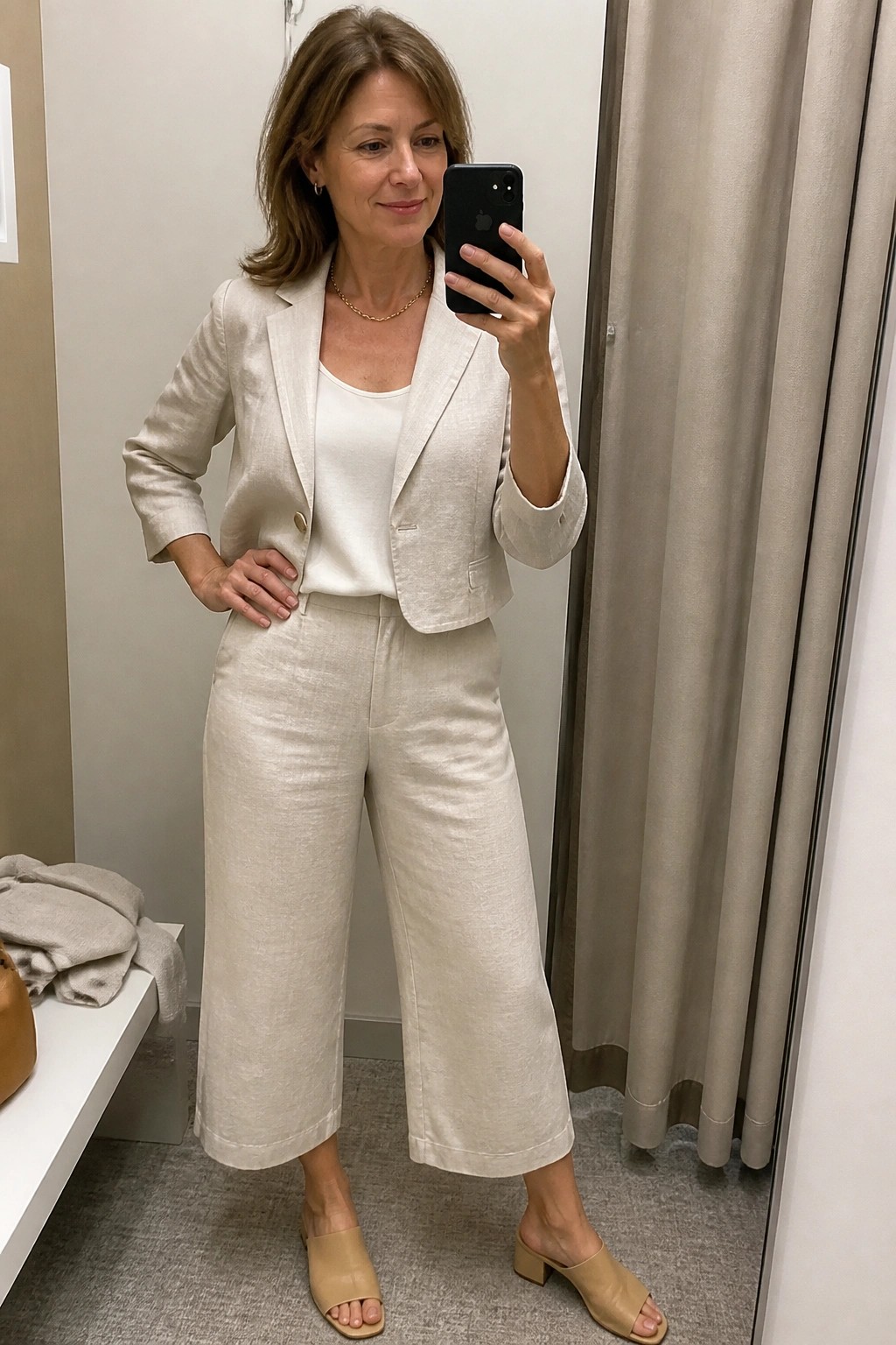 Woman in beige linen blazer and wide pants taking mirror selfie in fitting room.