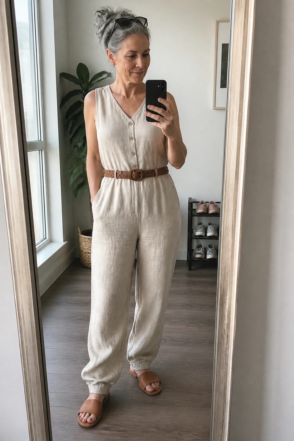 Woman with gray hair in beige linen jumpsuit taking mirror selfie