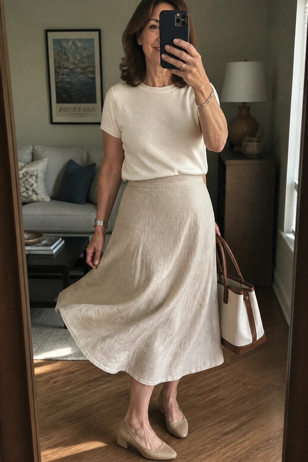 Woman in cream sweater and beige linen skirt holding phone and tote bag