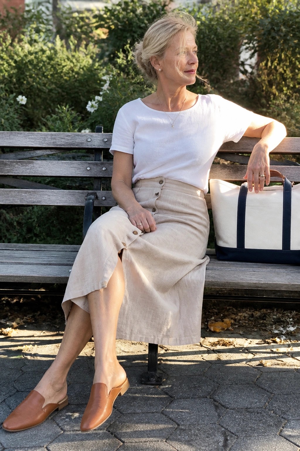 Blonde woman in white top and beige skirt on bench beside canvas tote bag