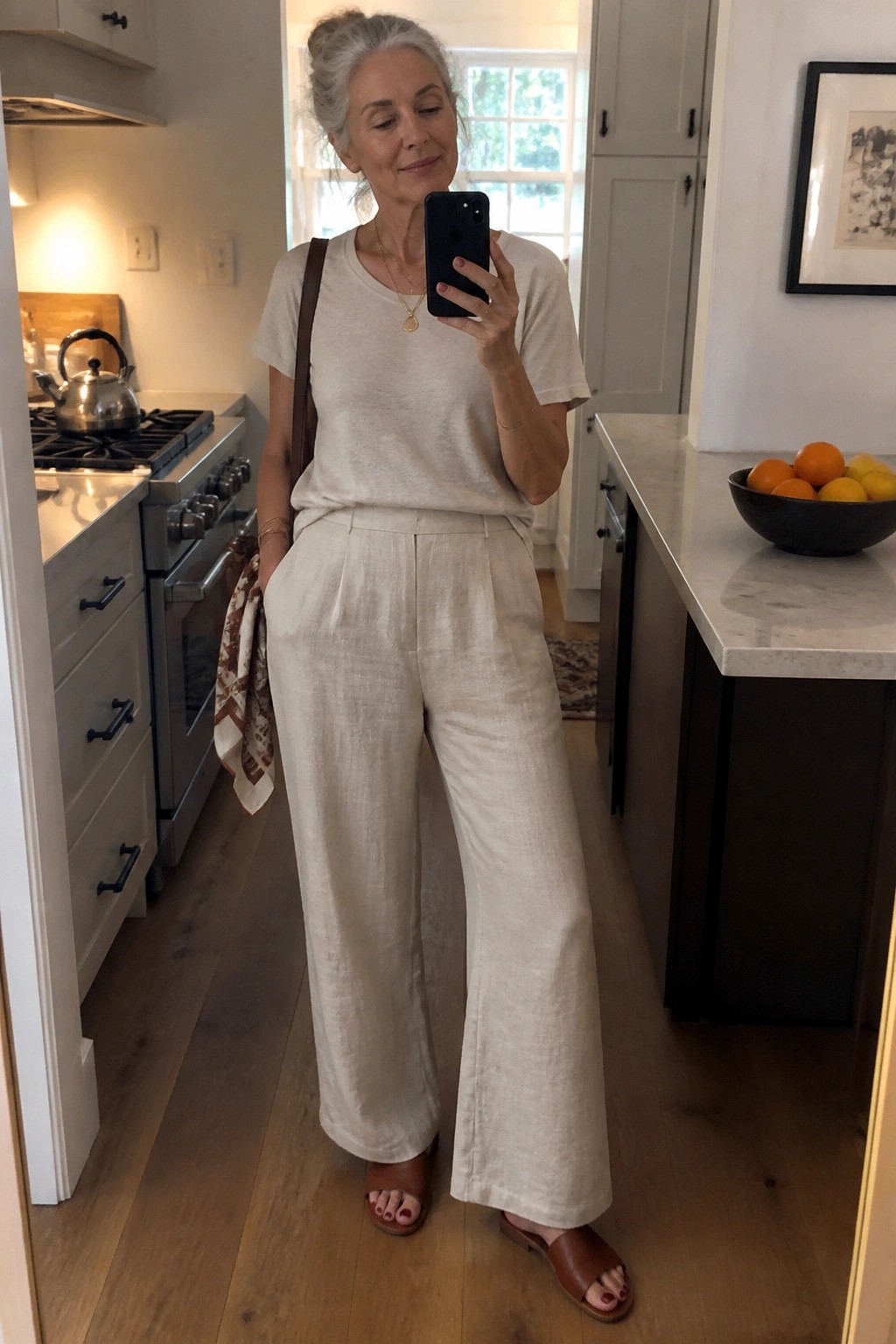 Woman with gray hair in beige linen outfit taking mirror selfie in kitchen