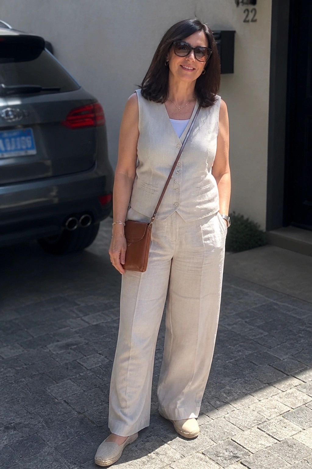 Woman in beige linen vest and wide pants holding brown crossbody bag outdoors