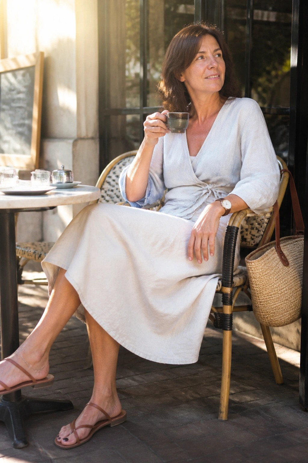Woman in light linen wrap dress holding cup at sunny outdoor café table