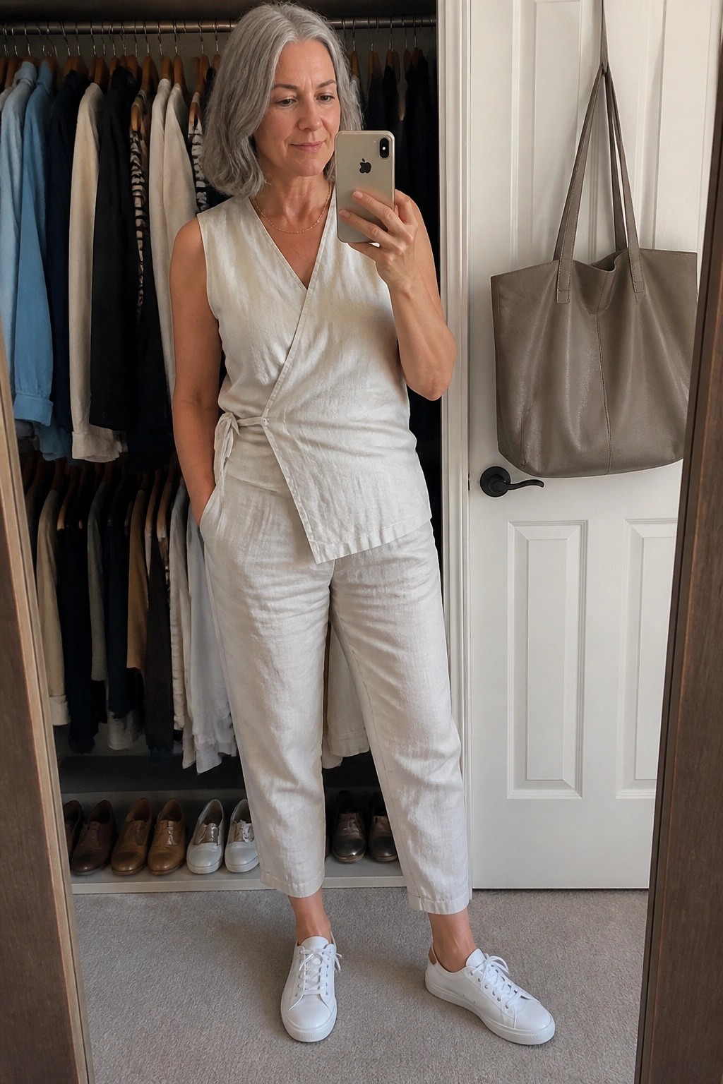 Woman over 50 in white linen sleeveless wrap top tied at waist with matching straight cropped pants and white sneakers holding phone in mirror selfie