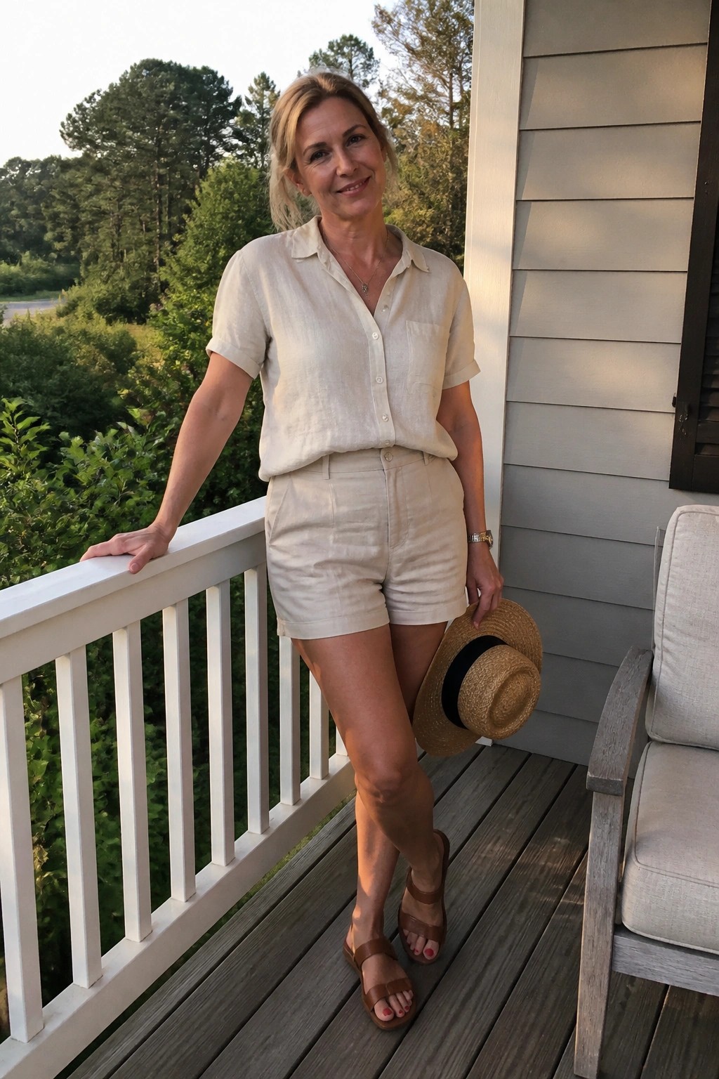 Woman in cream linen shirt and shorts holding straw hat on wooden deck