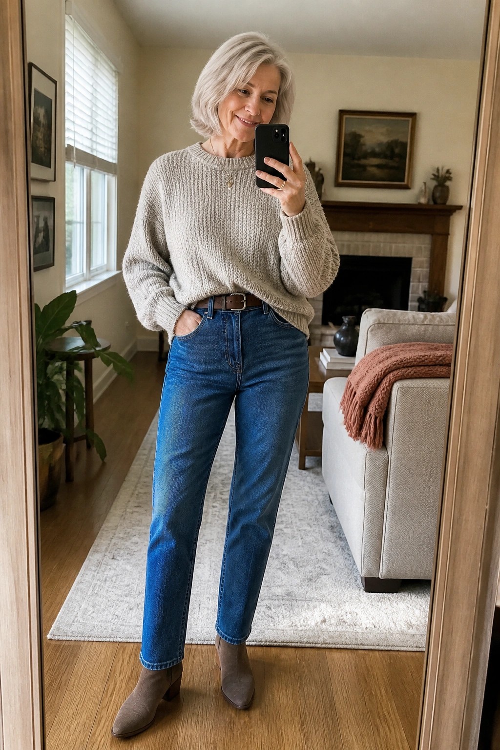 Woman in a light beige chunky knit sweater tucked slightly into blue straight leg jeans with a brown leather belt and taupe suede ankle boots standing in a living room while holding a phone for a mirror selfie.