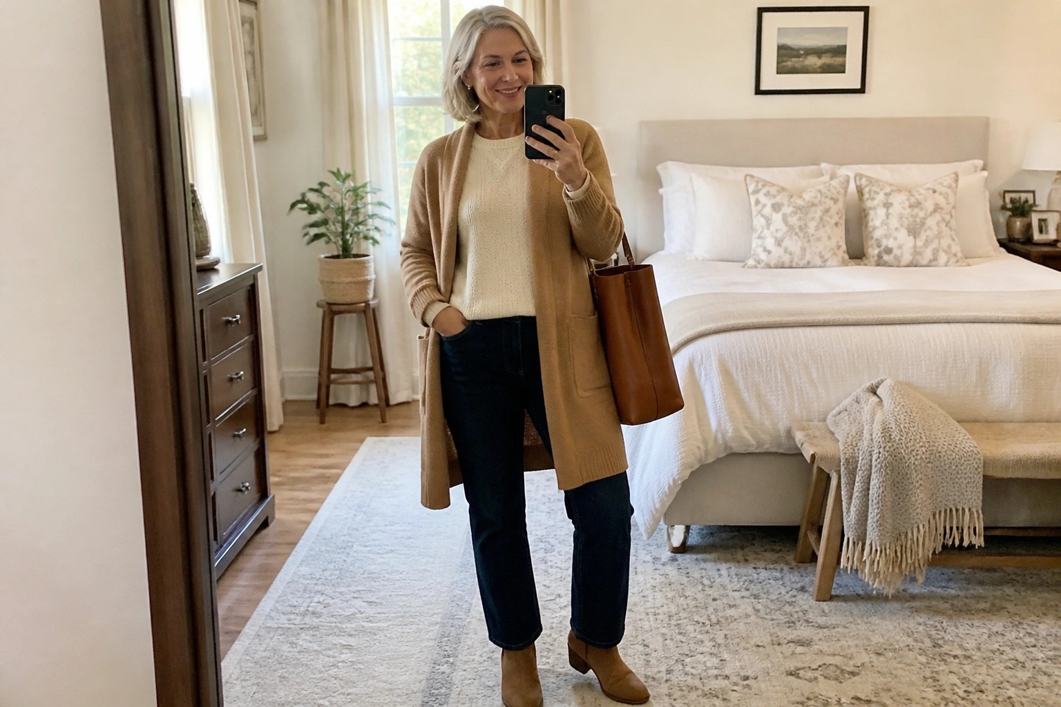 Woman in tan cardigan and jeans taking mirror selfie in bedroom with leather bag
