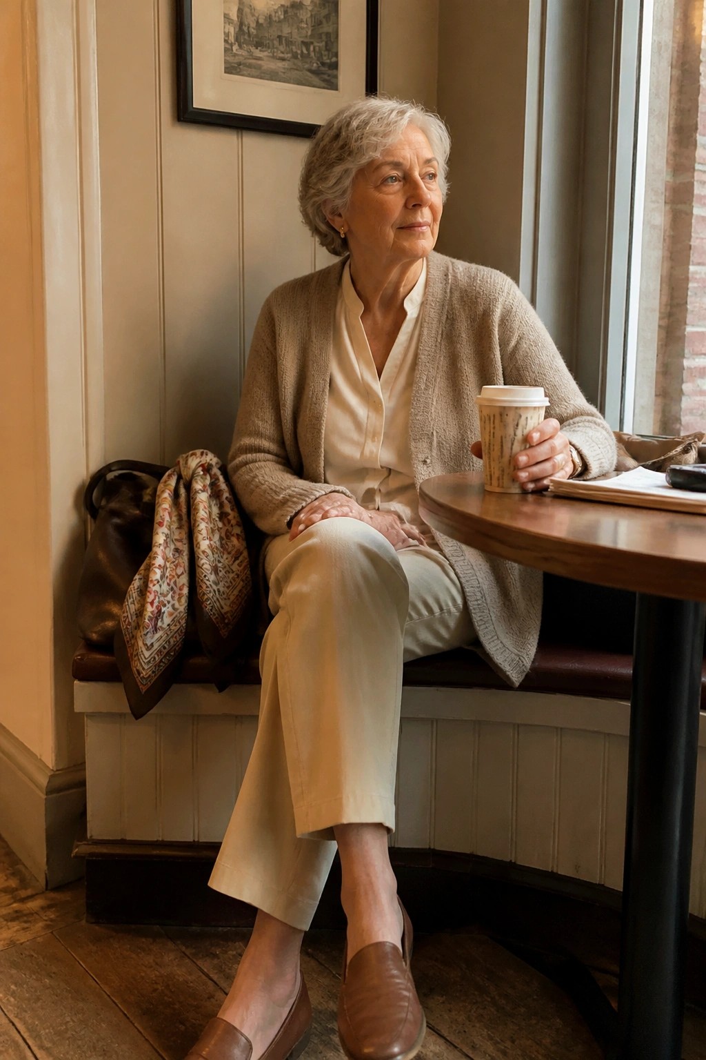 Gray-haired woman in beige cardigan holds coffee cup by cafe window