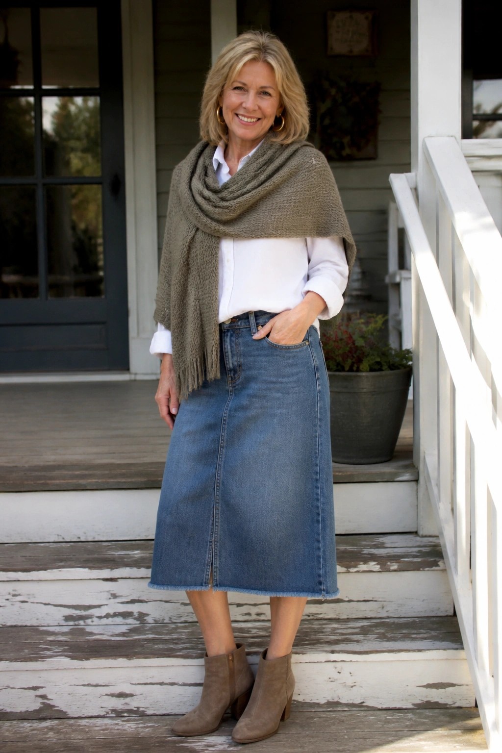 Woman wearing a white button-up shirt under an olive green fringed knit shawl, paired with a blue midi denim skirt and taupe suede ankle boots.