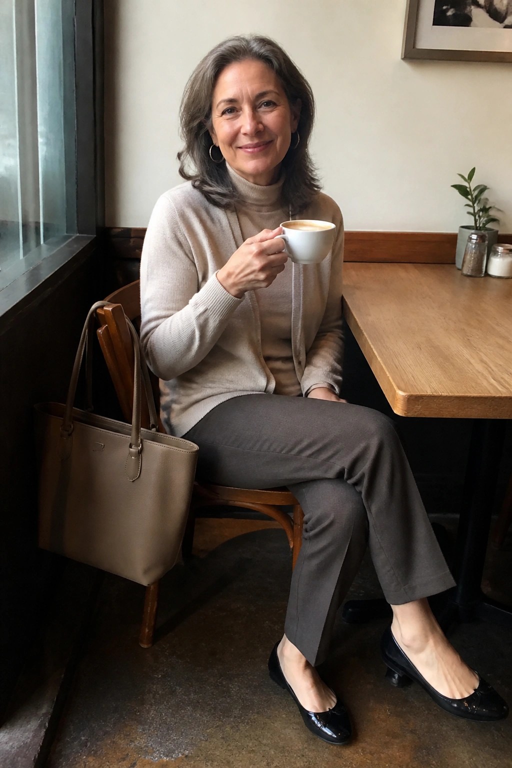 Gray-haired woman in beige cardigan holding coffee at wooden cafe table with handbag nearby