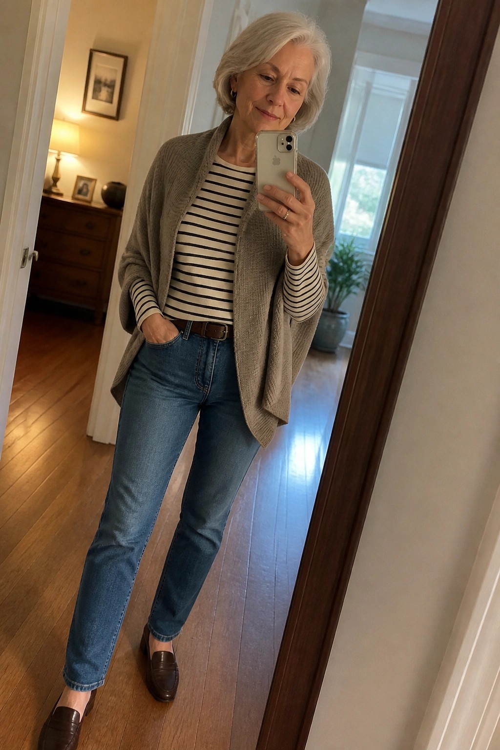 Older woman in mirror selfie wearing black and white striped long sleeve top under open taupe knit cardigan with blue straight leg jeans brown leather belt and brown loafers.