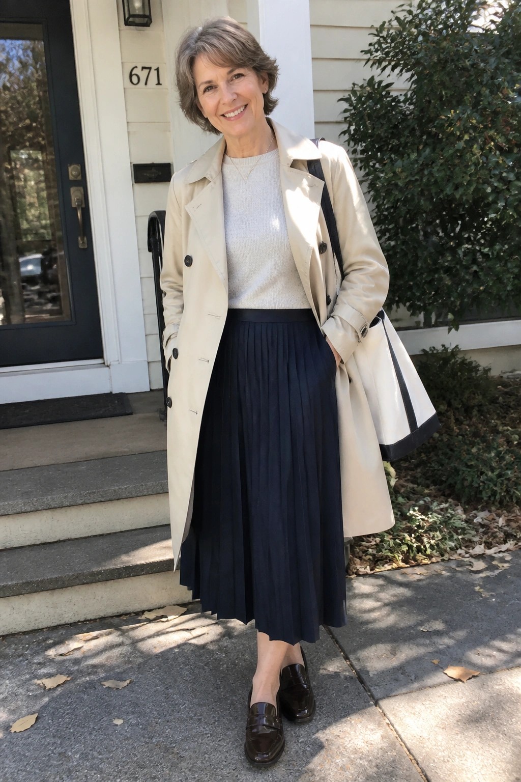 Smiling woman in beige trench coat, navy pleated skirt, and brown loafers outdoors