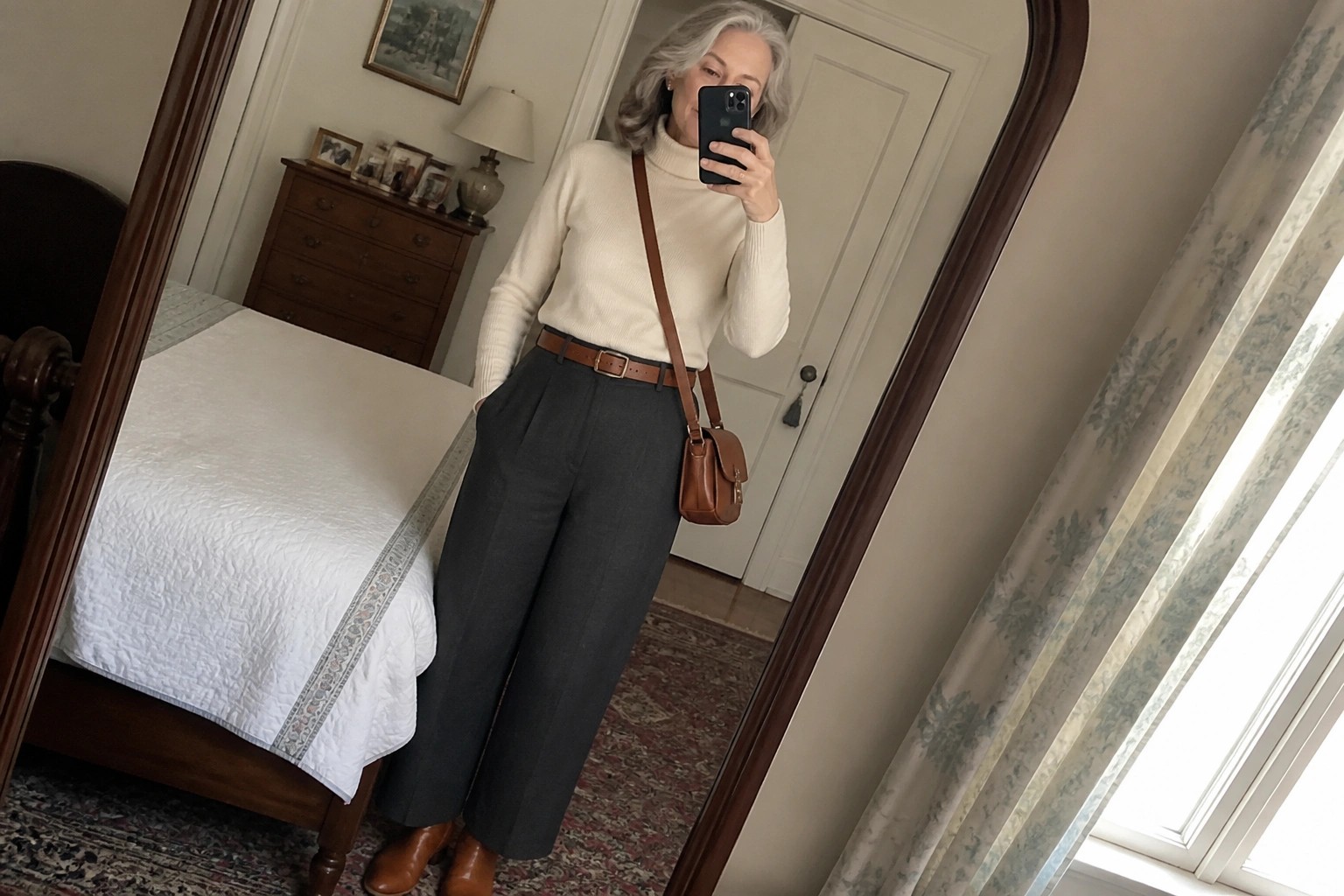 Woman with short gray hair wearing a white turtleneck sweater, dark gray wide leg pants with brown belt, brown leather crossbody bag, and brown ankle boots while taking a mirror selfie in a bedroom.
