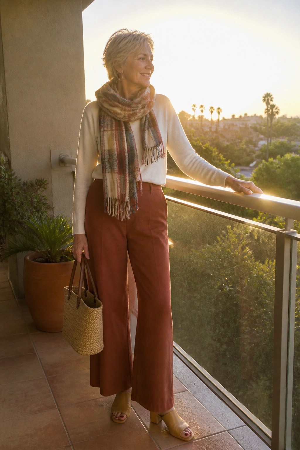 Stylish older woman in rust pants and plaid scarf holding woven bag on sunny balcony