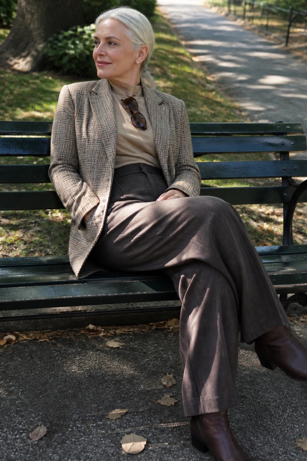 White-haired woman in plaid blazer and brown pants seated on green park bench