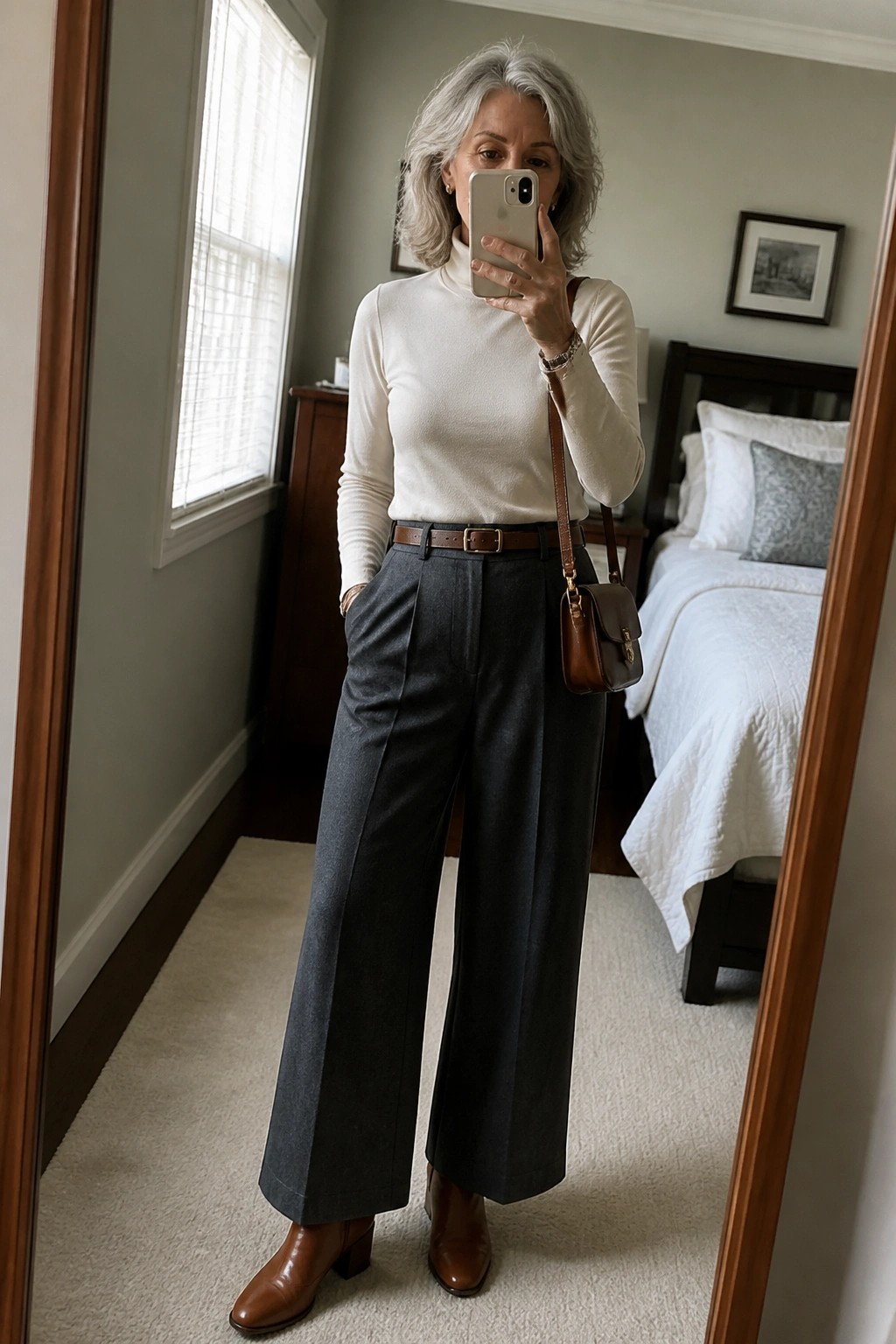 Woman with short gray hair wearing a white turtleneck sweater, dark gray wide leg pants with brown belt, brown leather crossbody bag, and brown ankle boots while taking a mirror selfie in a bedroom.