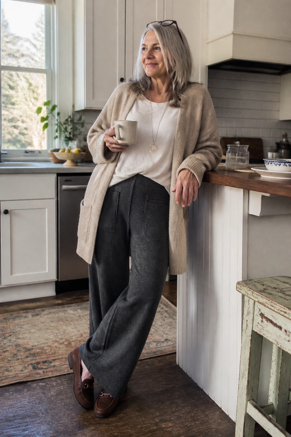 Woman over 60 in gray wide leg pants, beige cardigan, white tee, brown loafers and gold necklace standing in kitchen.