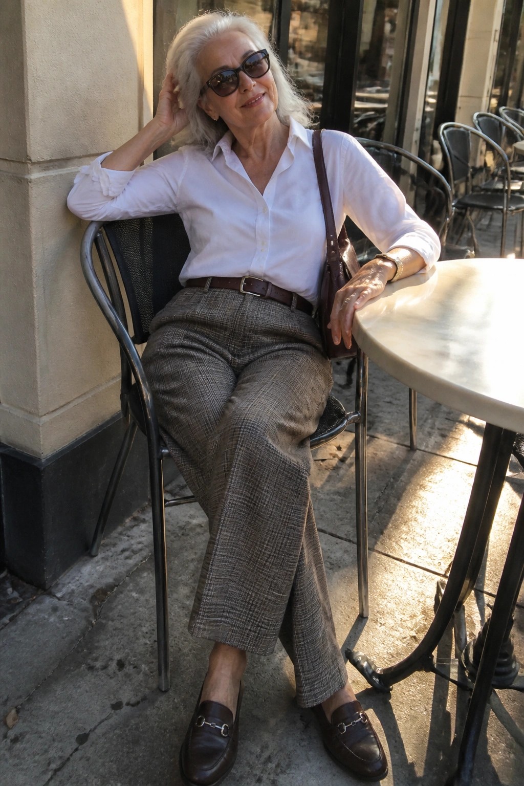 Elegant white-haired woman in sunglasses, white shirt, and plaid pants at outdoor cafe.