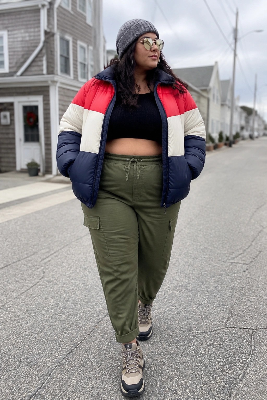 Plus size woman wearing a color blocked red white and navy puffer jacket over a black crop top with olive cargo pants, gray beanie, sunglasses, and chunky sneakers on a street.