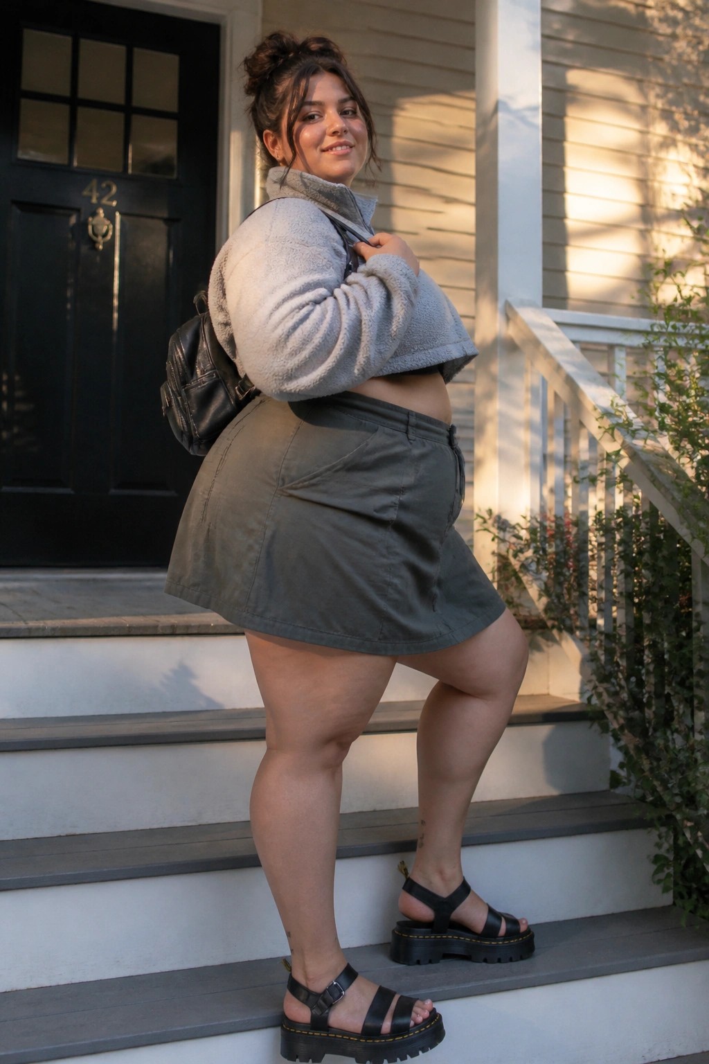 Woman in gray fleece jacket and olive skirt on house steps with backpack
