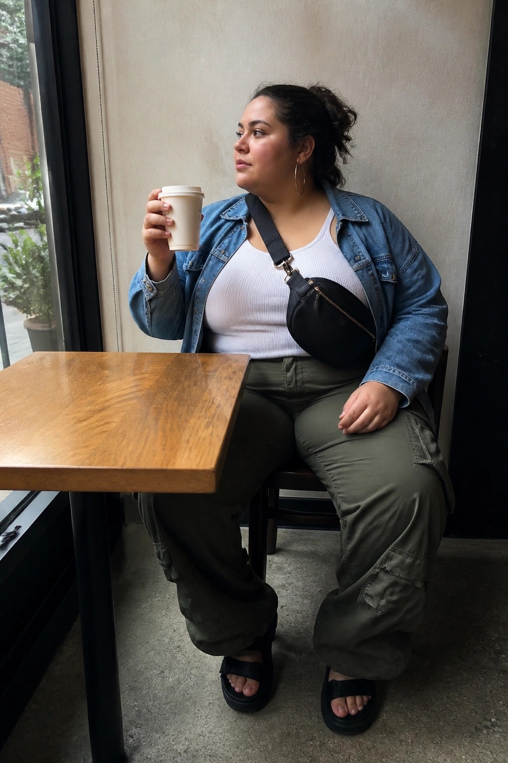 Plus size woman wearing white ribbed tank top under blue denim jacket with olive cargo pants black crossbody bag and black platform slides holding a coffee cup.