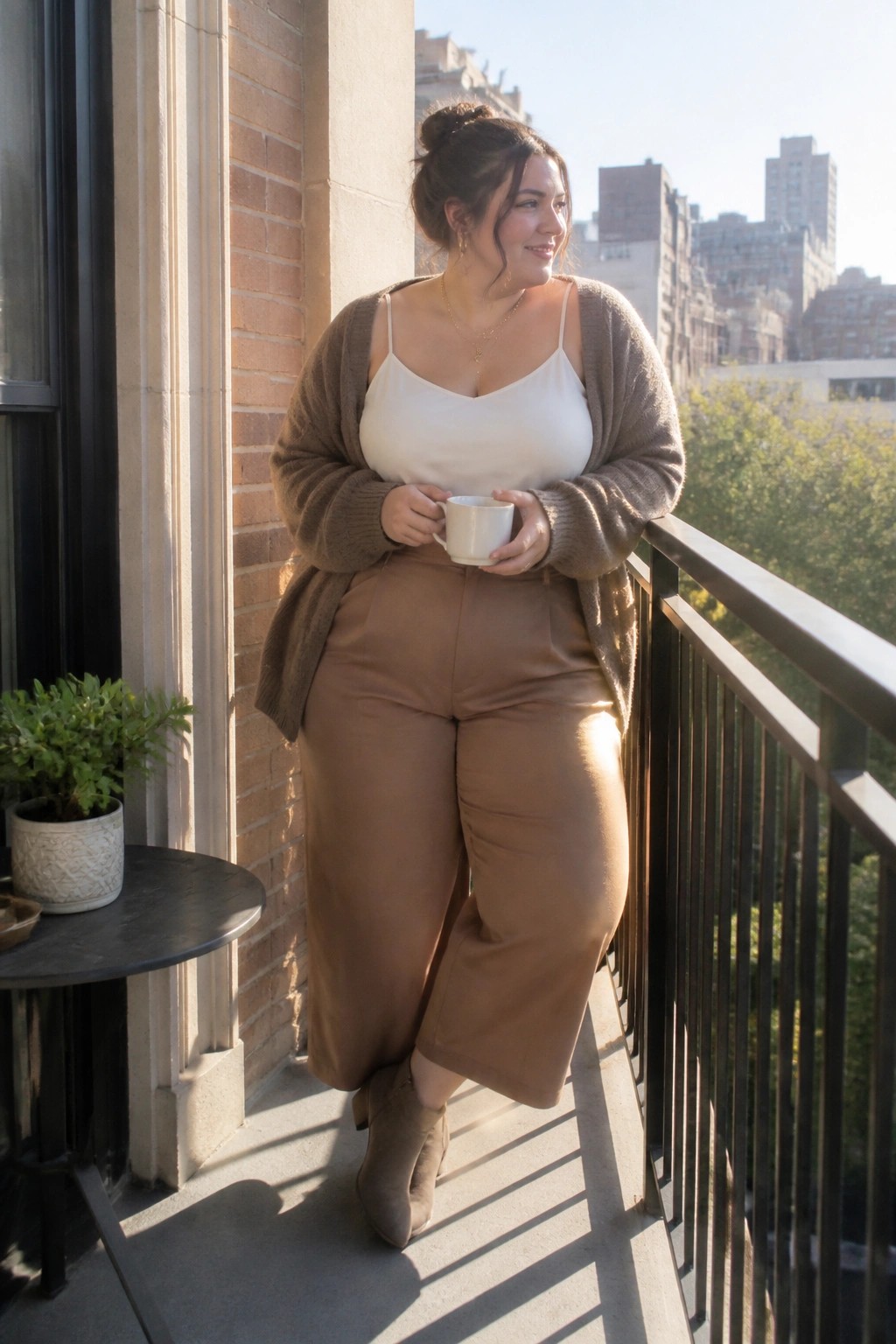 Woman in brown cardigan and wide pants holding mug on sunny balcony