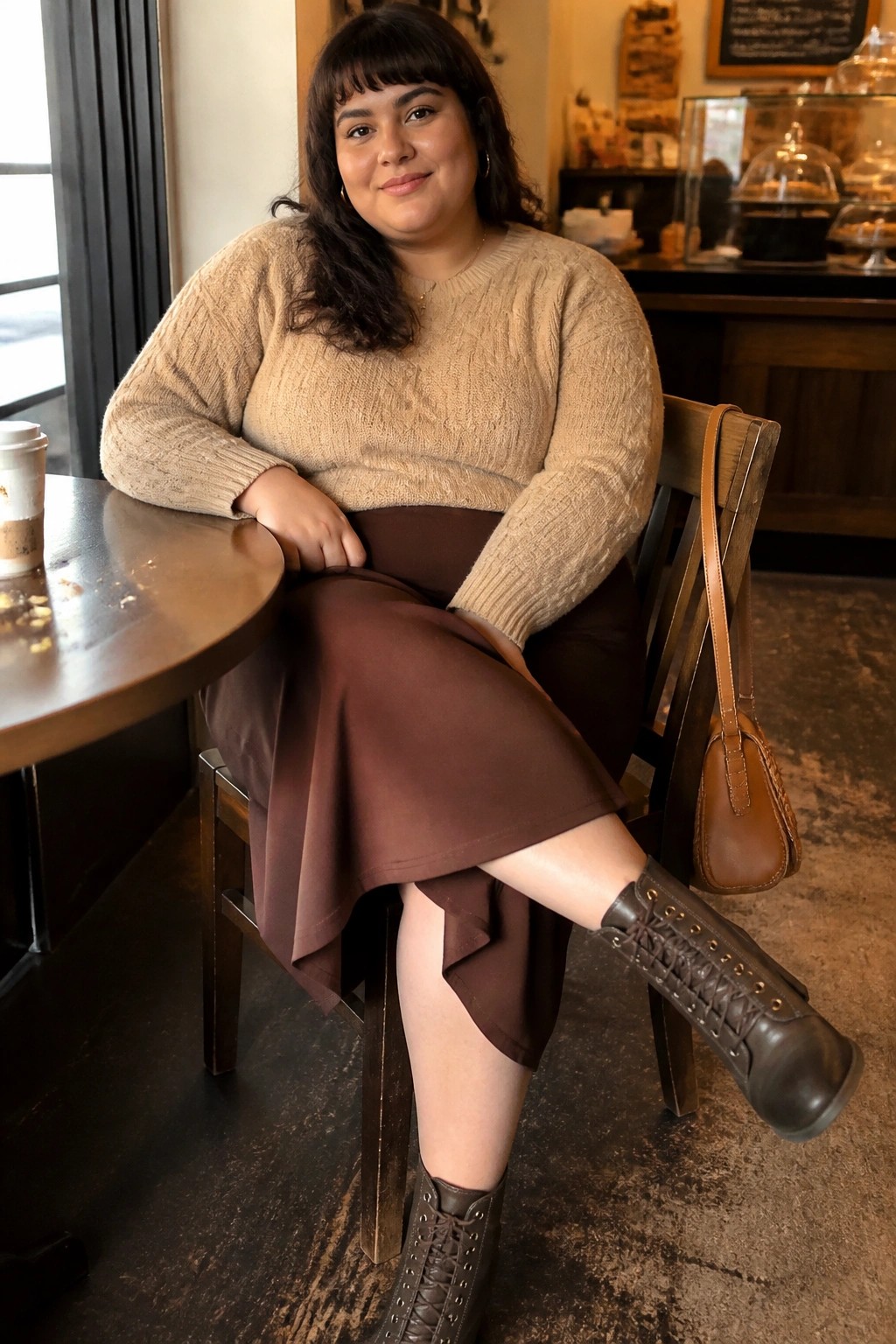 Woman in beige knit sweater and brown skirt seated at cafe table with boots and bag.