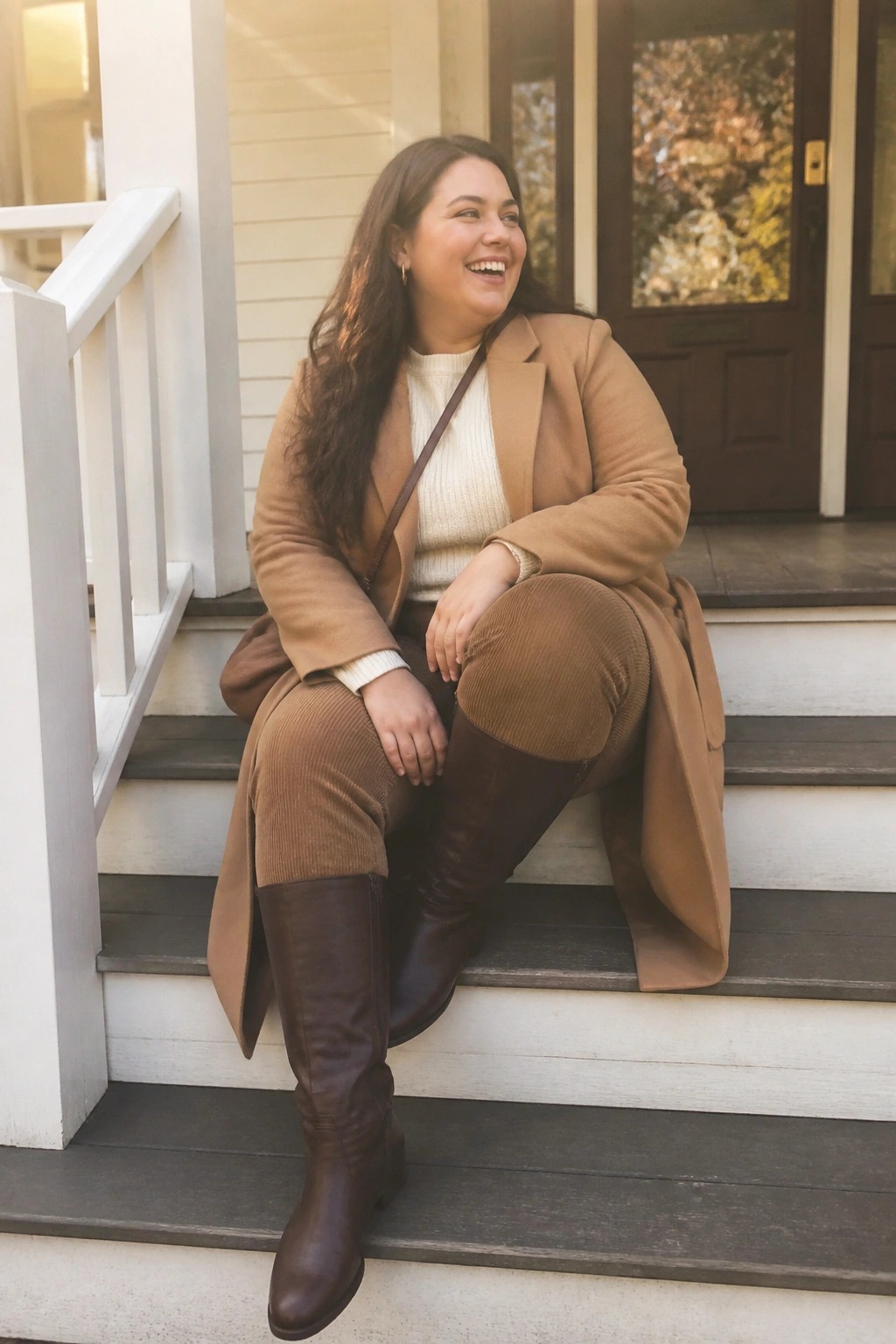 Smiling woman in tan coat and brown corduroy pants on porch steps