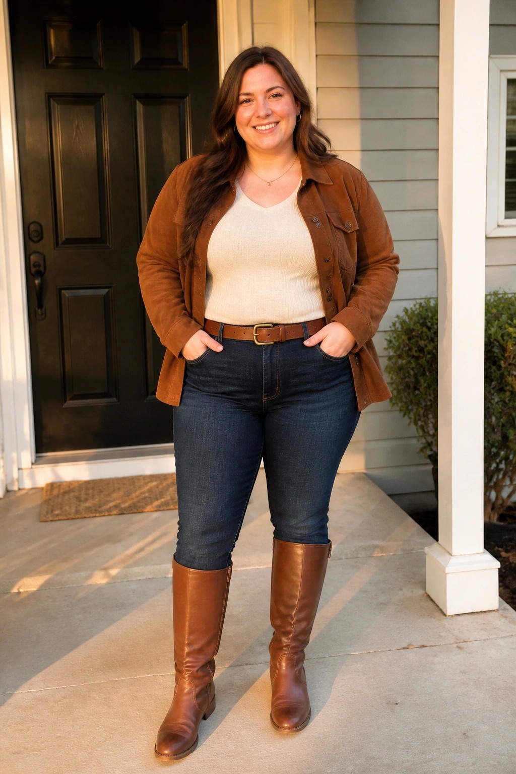 Woman in brown jacket, jeans, and boots smiling on house porch with hands in pockets