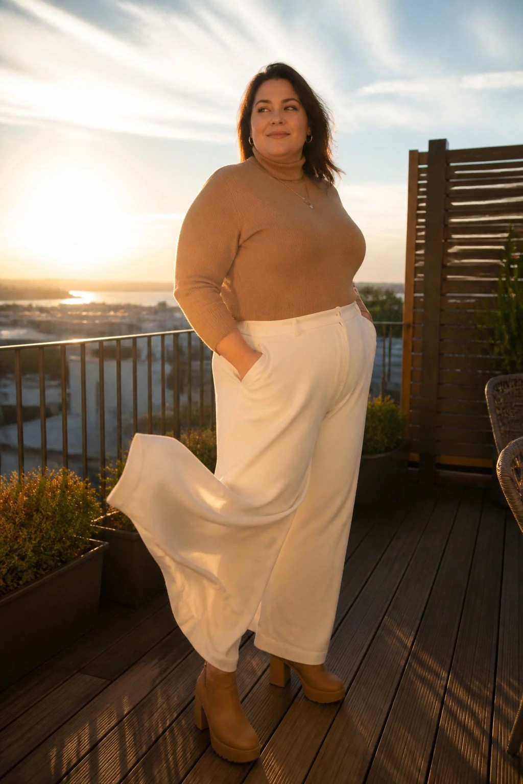 Woman in beige turtleneck and flowing white pants on sunset wooden deck