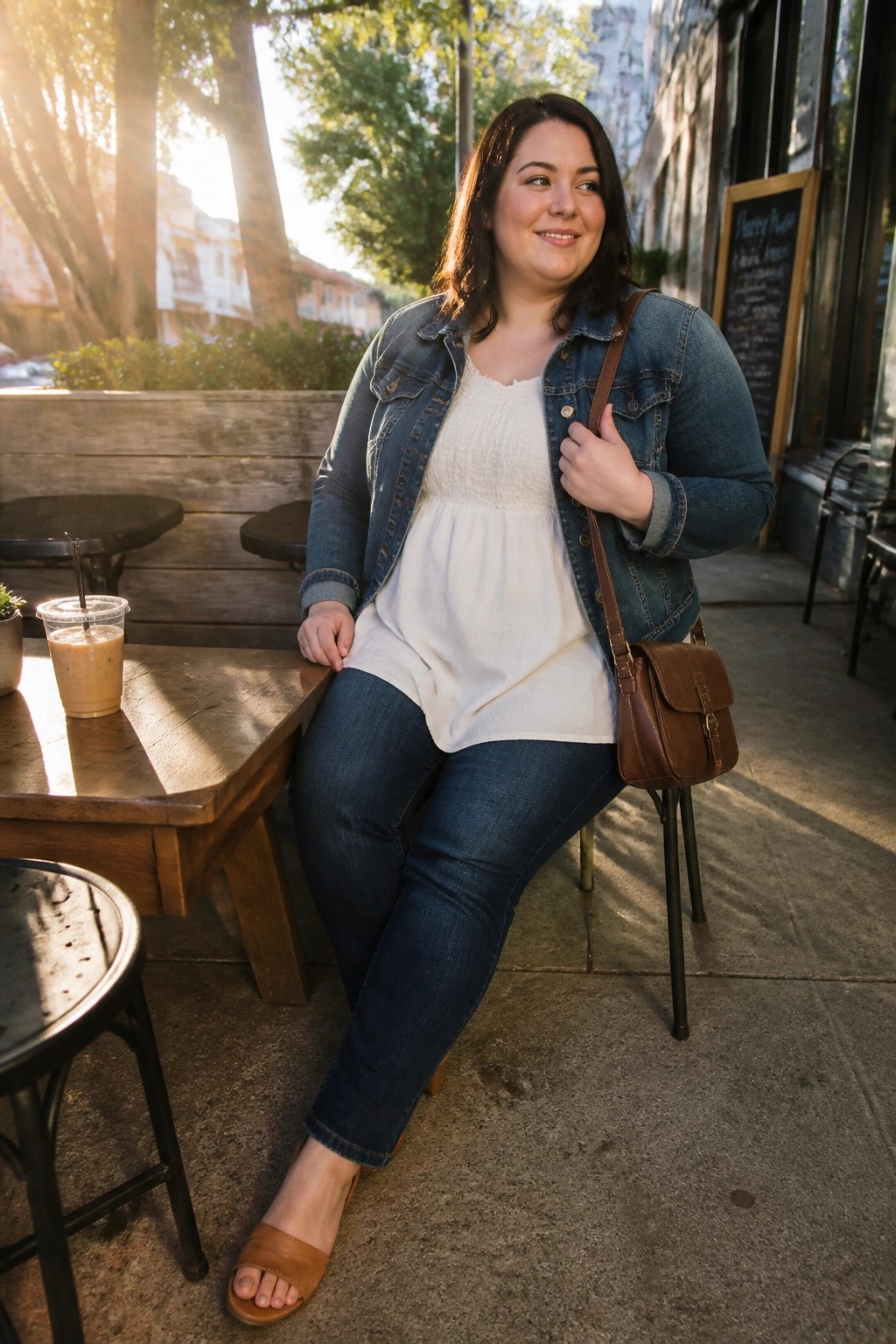 A plus size woman in an open blue denim jacket over a white gathered top and dark blue jeans paired with a brown leather crossbody bag and brown slide sandals sitting outdoors near a cafe table.
